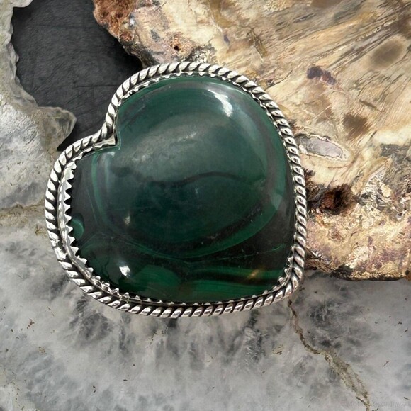 Sterling Silver Southwestern Style Malachite Heart Shape Ring Size 7 For Women